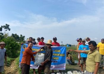 Narso saat memberikan bantuan kepada masyarakat kelompok pembudidaya perikanan.