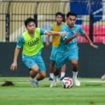 Pemain Persijap Umanilo dan Adzikry saat sesi latihan.